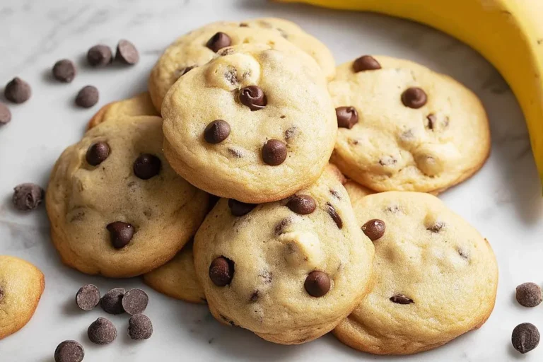 A close-up of a stack of golden-brown banana chocolate chip cookies on a white marble surface, with loose chocolate chips and a banana.