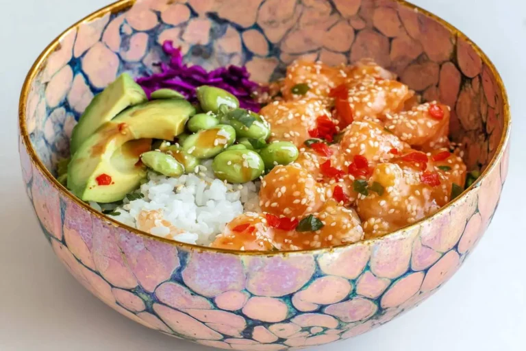 A vibrant poke bowl featuring shrimp, sliced avocado, edamame, white rice, and red cabbage in a beautiful iridescent bowl.