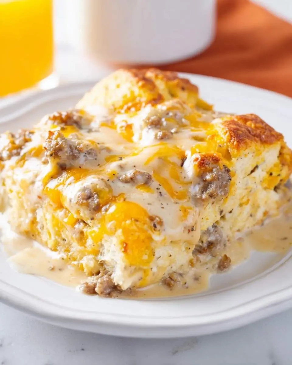 Biscuits and Gravy Breakfast Casserole A close-up of a golden-brown Biscuits and Gravy Breakfast Casserole slice, generously topped with creamy sausage gravy and melted cheddar cheese.