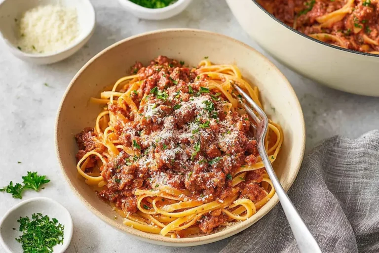 A close-up shot of a bowl filled with delicious Bolognese Pasta topped with grated Parmesan cheese and fresh parsley, with a fork ready to enjoy.