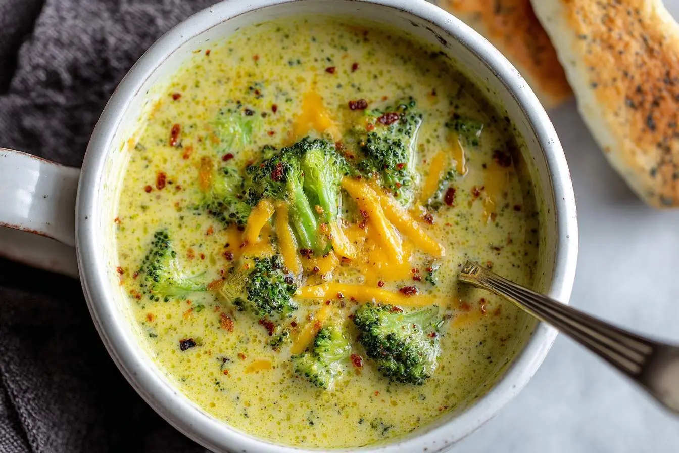 Creamy broccoli cheddar soup in a white mug, garnished with shredded cheese and chili flakes, served with a spoon and breadsticks.