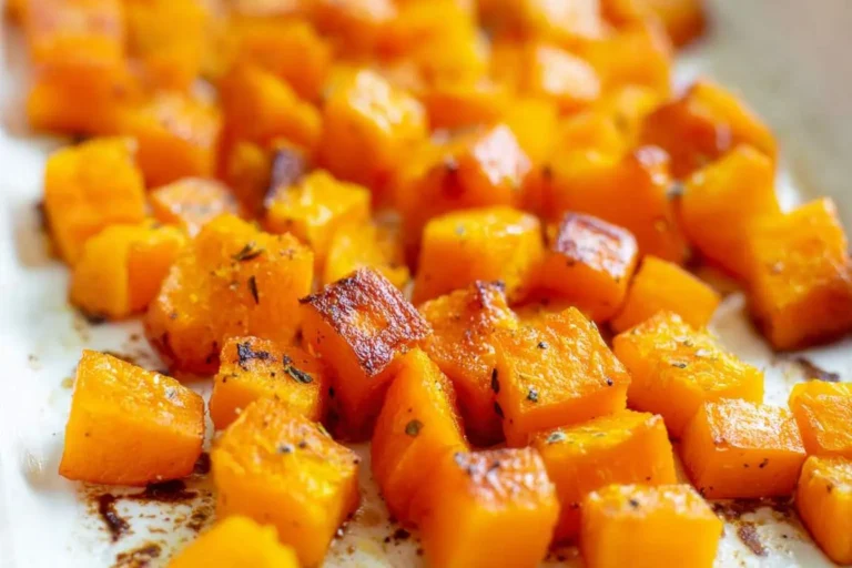 Close-up of golden roasted butternut squash cubes seasoned with herbs and pepper on a white dish.