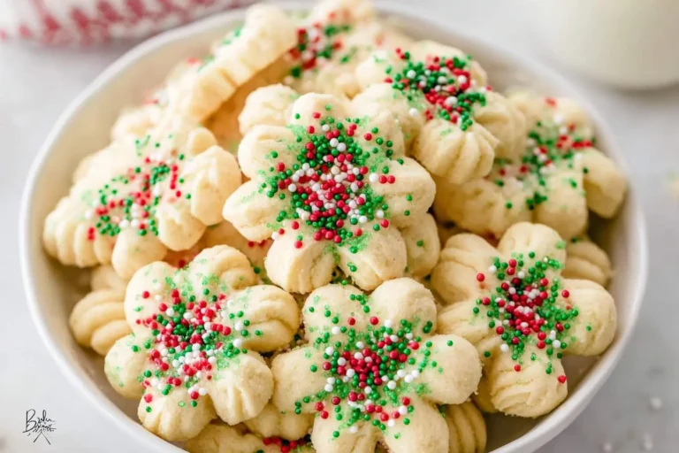 A white bowl overflows with festive flower-shaped Buttery Spritz Cookies, decorated with red, green, and white sprinkles.