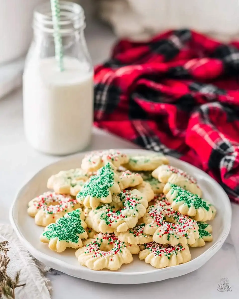 Delicious Buttery Spritz Cookies in festive holiday shapes with colorful sprinkles are piled high on a white plate, served with a glass of milk.