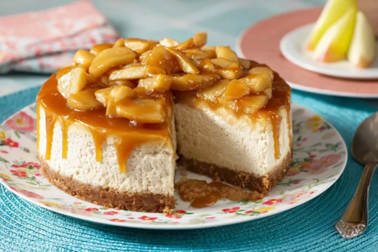 A whole caramel apple cheesecake with a slice removed, topped with cooked apple pieces and rich caramel sauce dripping down its sides.