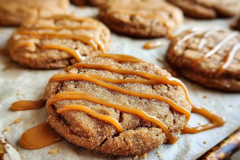 A close-up of delicious caramel macchiato cookies covered in sugar and drizzled with gooey caramel sauce on parchment paper.