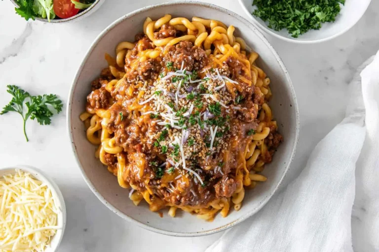A generous serving of creamy Cheeseburger Macaroni in a bowl, garnished with breadcrumbs, shredded cheese, and fresh parsley.