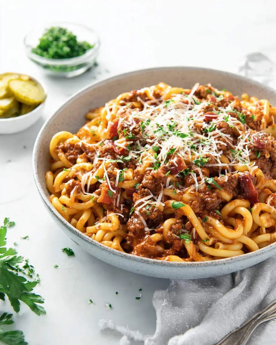Cheeseburger Macaroni A large bowl of savory Cheeseburger Macaroni featuring curly pasta, a rich meat sauce, shredded cheese, and fresh parsley.