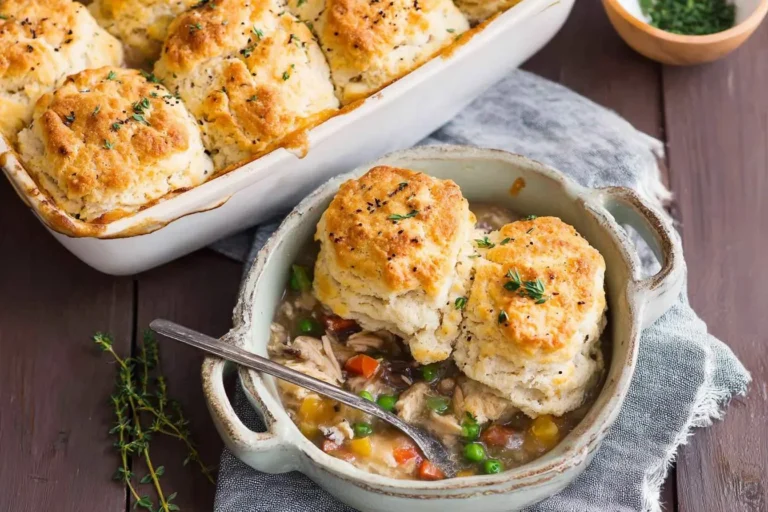 A cozy ceramic bowl filled with chicken and biscuits stew with peas and carrots, next to a baking dish of golden biscuits.