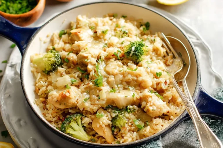 A creamy chicken and rice dish with tender chicken pieces and vibrant broccoli florets, garnished with fresh parsley in a blue skillet.