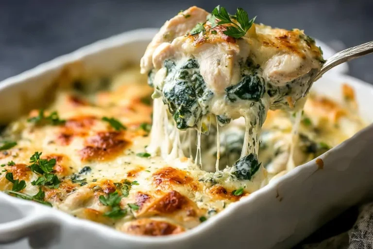 A spoonful of creamy, cheesy Chicken and Spinach Casserole being lifted from a white baking dish, showing melted cheese pull.