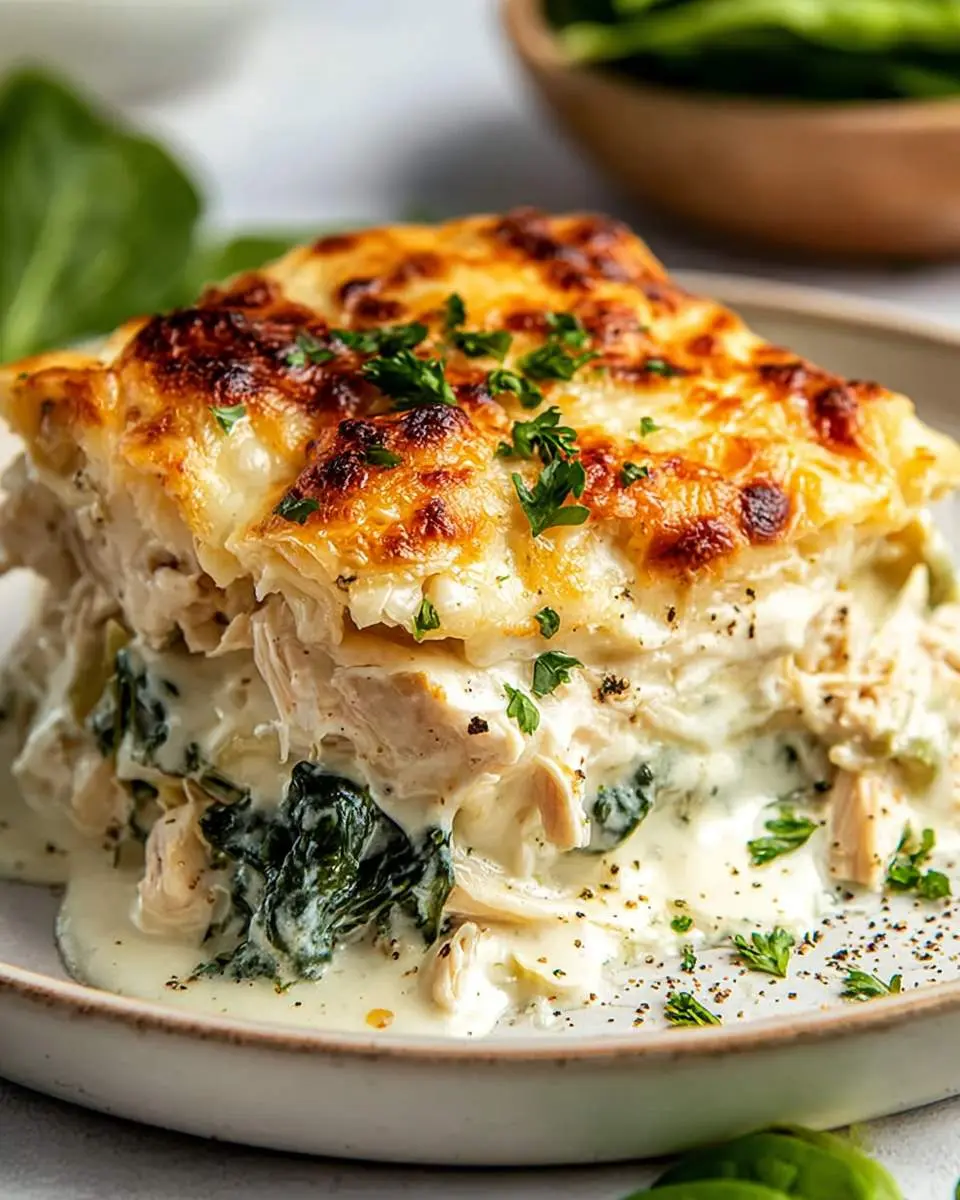 A tempting close-up of a golden-brown baked Chicken and Spinach Casserole, generously topped with melted cheese and fresh parsley.