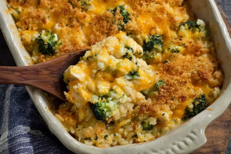 A wooden spoon serving a creamy chicken broccoli rice casserole with melted cheddar cheese and a crispy breadcrumb topping from a white baking dish.