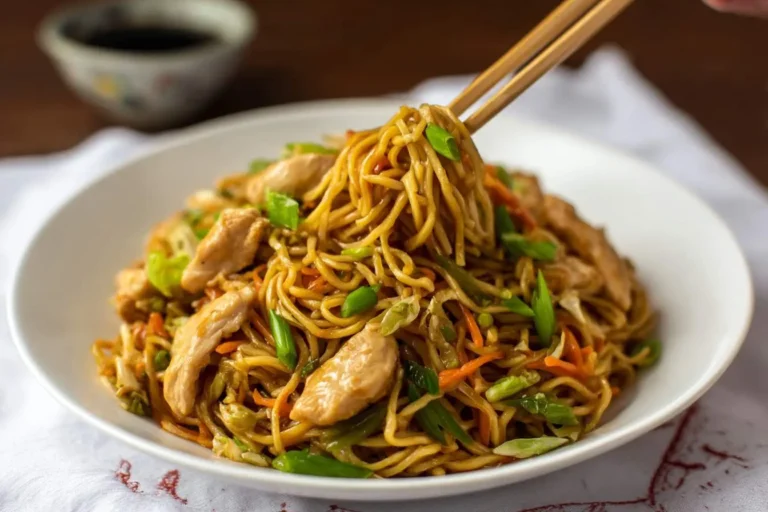 Close-up of a generous serving of Chicken Chow Mein with tender chicken, crisp vegetables, and noodles, being picked up by chopsticks.