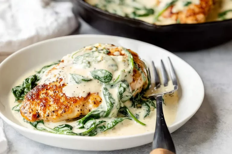 Pan-seared Chicken Florentine, featuring a golden-brown chicken breast topped with creamy spinach sauce, served in a white bowl with a fork.