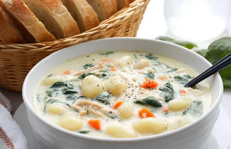 A creamy chicken gnocchi soup in a white bowl, garnished with pepper, alongside a basket of sliced bread.