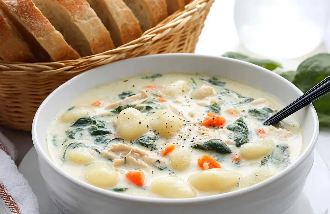 A creamy chicken gnocchi soup in a white bowl, garnished with pepper, alongside a basket of sliced bread.