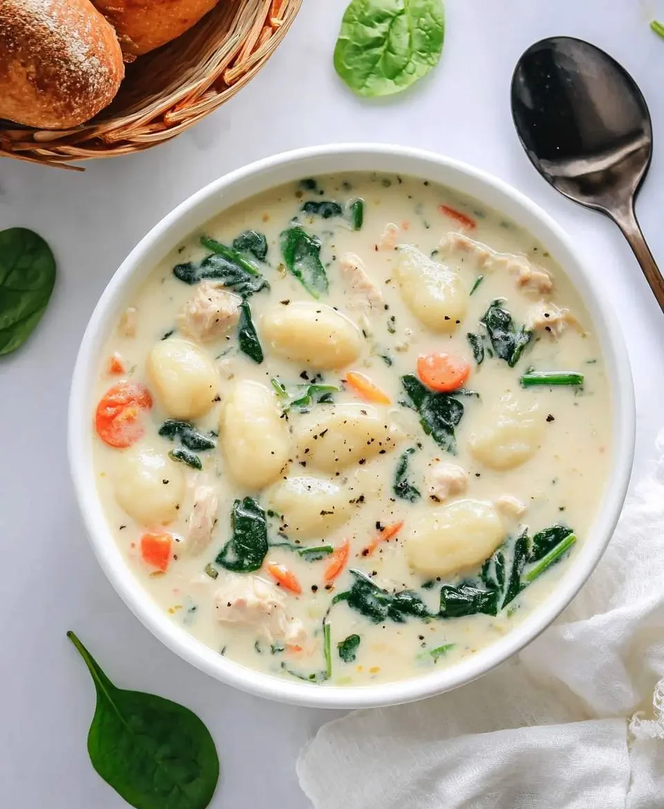 A top-down view of a creamy chicken gnocchi soup with tender gnocchi, chicken, spinach, and carrots in a white bowl.
