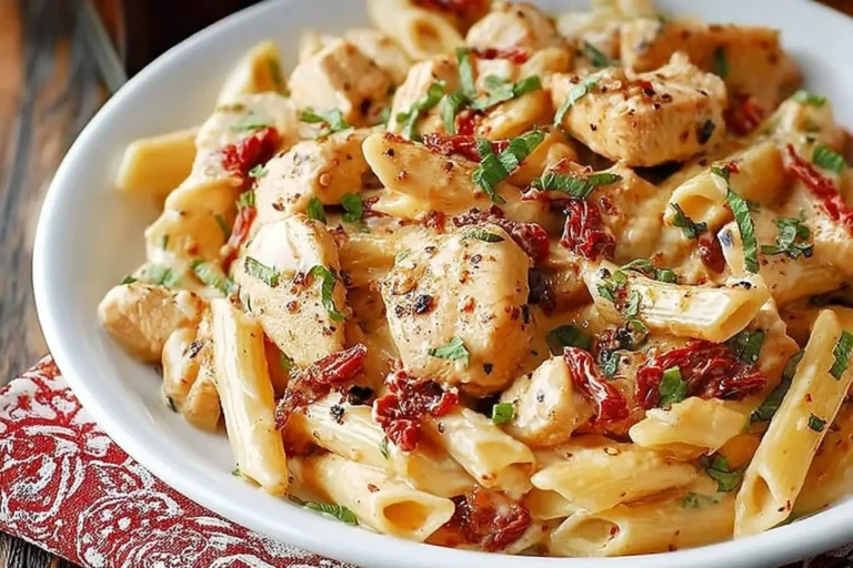 Close-up of a white bowl filled with creamy Chicken Mozzarella Pasta, featuring penne, cubed chicken, sun-dried tomatoes, and fresh herbs.