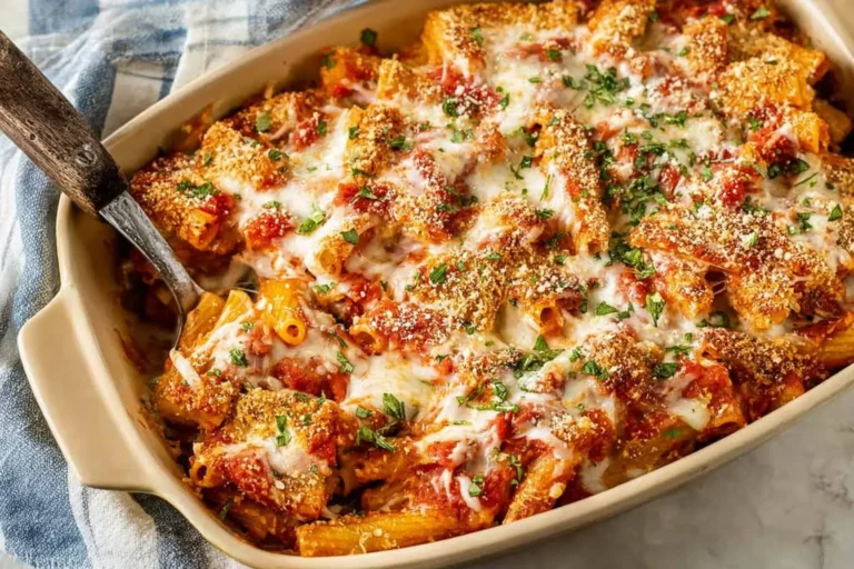 A bubbly Chicken Parmesan Casserole baked with rigatoni pasta, melted mozzarella, rich tomato sauce, and golden breadcrumbs, served in a ceramic dish.
