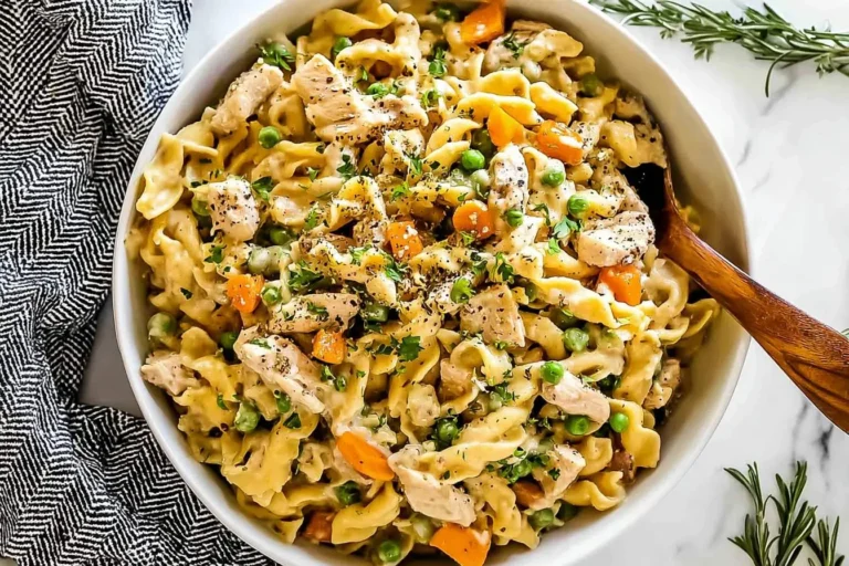 A large white bowl of creamy Chicken Pot Pie Pasta with tender chicken, green peas, carrots, and fresh herbs, served with a wooden spoon.