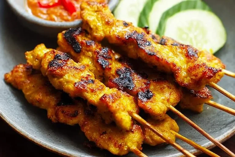A close-up shot of grilled chicken satay skewers served on a grey plate with a dipping sauce and cucumber slices in the background.
