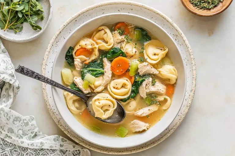 A vibrant bowl of chicken tortellini soup filled with pasta, shredded chicken, fresh vegetables, and herbs, served with a spoon.