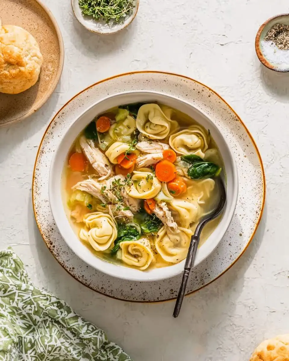 A comforting bowl of chicken tortellini soup, rich with shredded chicken, cheese tortellini, carrots, and spinach, garnished with thyme.