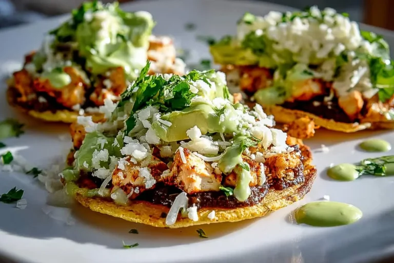 Close-up of three gourmet Chicken Tostadas topped with diced chicken, crumbled white cheese, fresh avocado slices, cilantro, and a vibrant green sauce, served on a white plate.