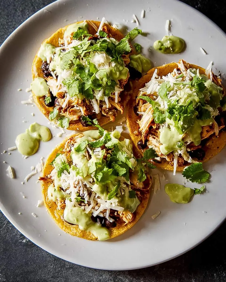 Chicken Tostadas Three delicious chicken tostadas on a white plate, topped with shredded chicken, black beans, cheese, green sauce, and fresh cilantro.