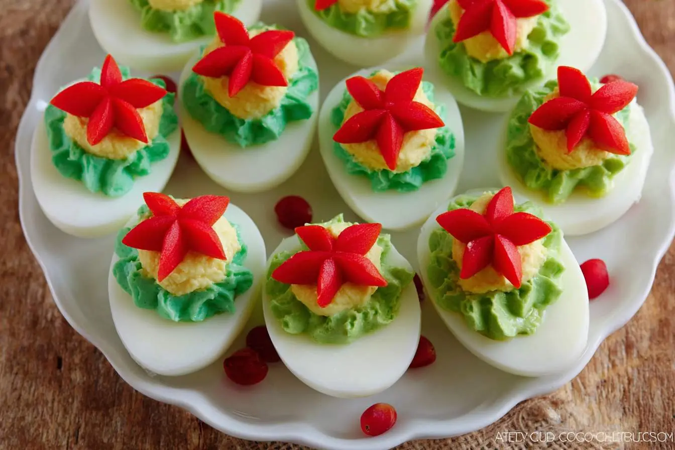 A white plate filled with festive christmas deviled eggs, each topped with green piped avocado or pesto and a red bell pepper star.