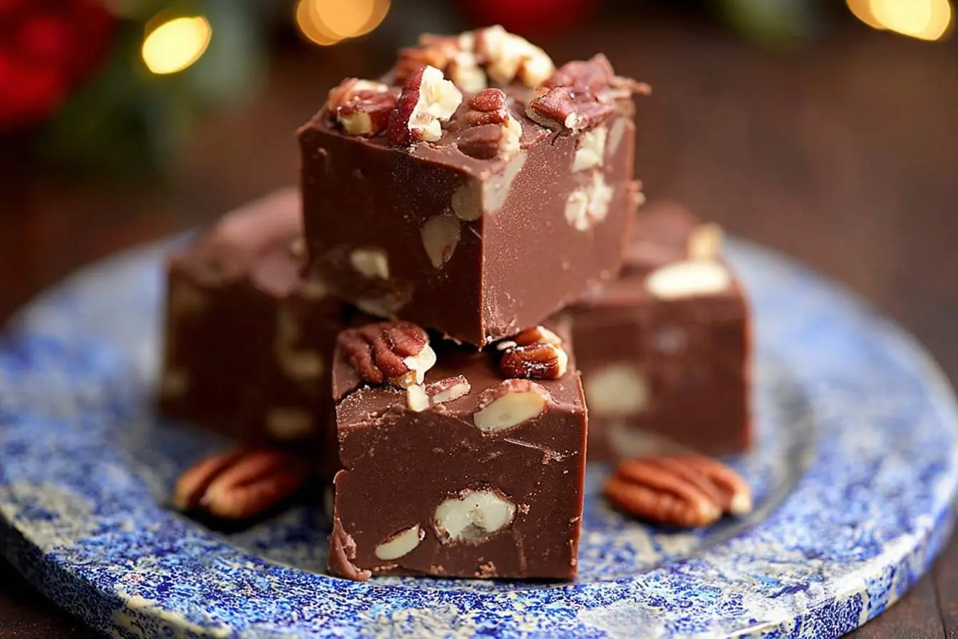 A stack of rich chocolate christmas fudge squares, generously studded with pecans, presented on a blue and white plate with festive lights in the blurred background.