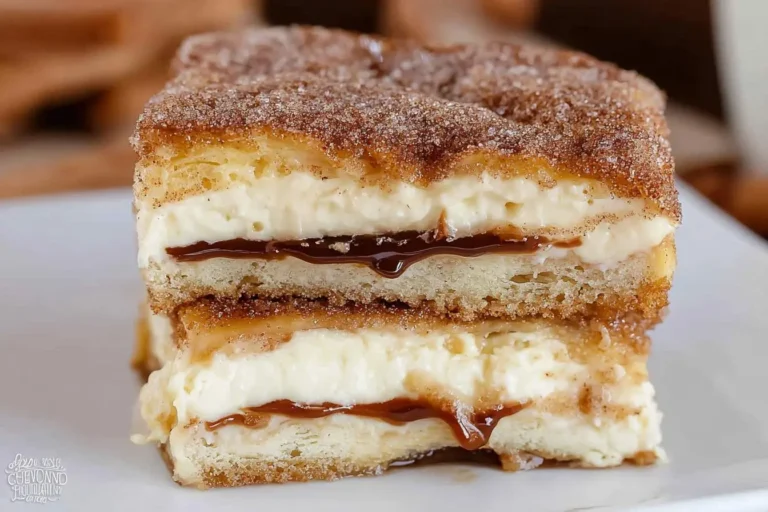 A close-up cross-section of a delicious churro cheesecake bar showing layers of creamy filling, dulce de leche, and cinnamon sugar crust.