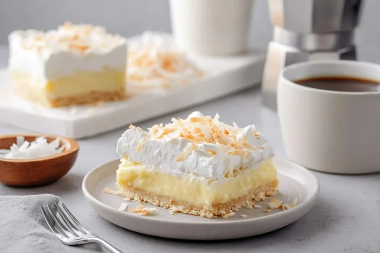 A delightful slice of coconut cream pie bars, topped with fluffy whipped cream and toasted coconut flakes, served on a light plate with coffee nearby.