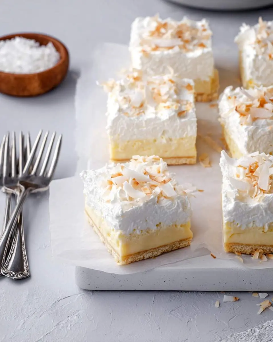 Several square coconut cream pie bars topped with whipped cream and toasted coconut flakes are arranged on white parchment paper.
