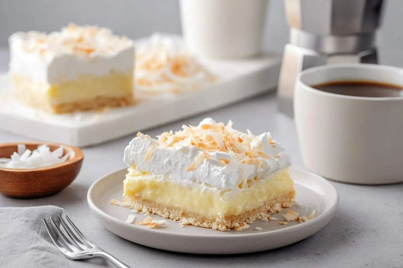 A delightful slice of coconut cream pie bars, topped with fluffy whipped cream and toasted coconut flakes, served on a light plate with coffee nearby.