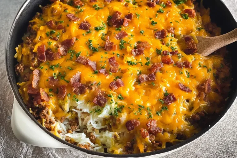 A skillet of bubbling cowboy casserole topped with melted cheddar cheese, crispy bacon, and fresh parsley, with a wooden spoon scooping some.
