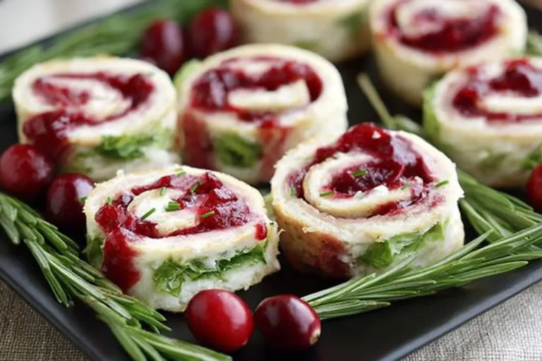 Festive Cranberry Roll Ups filled with cream cheese and cranberry sauce, garnished with fresh rosemary and whole cranberries on a black platter.