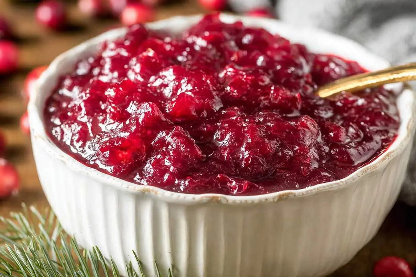 A white fluted bowl filled with chunky, homemade cranberry sauce, with a gold spoon and fresh cranberries.