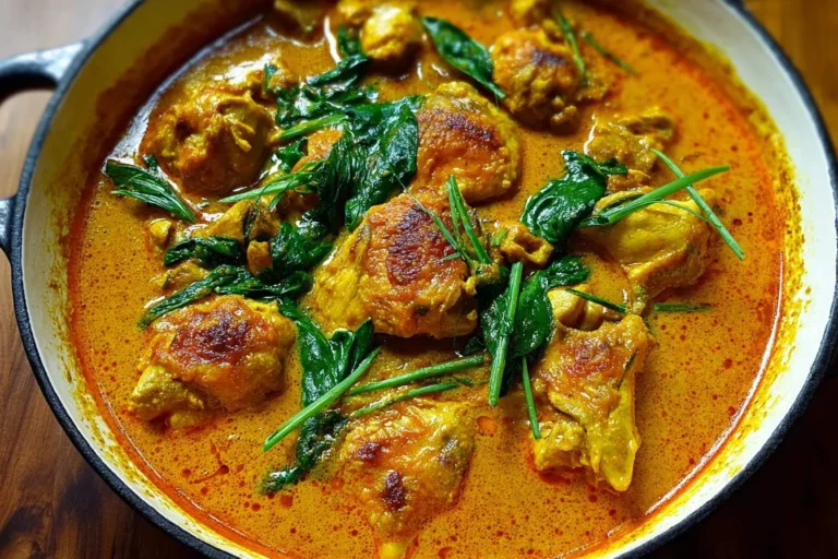 A close-up view of a delicious homemade curry chicken dish with spinach and fresh herbs, served in a black and white cast iron pan.