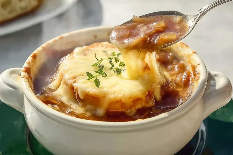 A spoon lifts a rich portion of classic french onion soup with perfectly melted, stringy Gruyère cheese over a toasted crouton and fresh thyme.