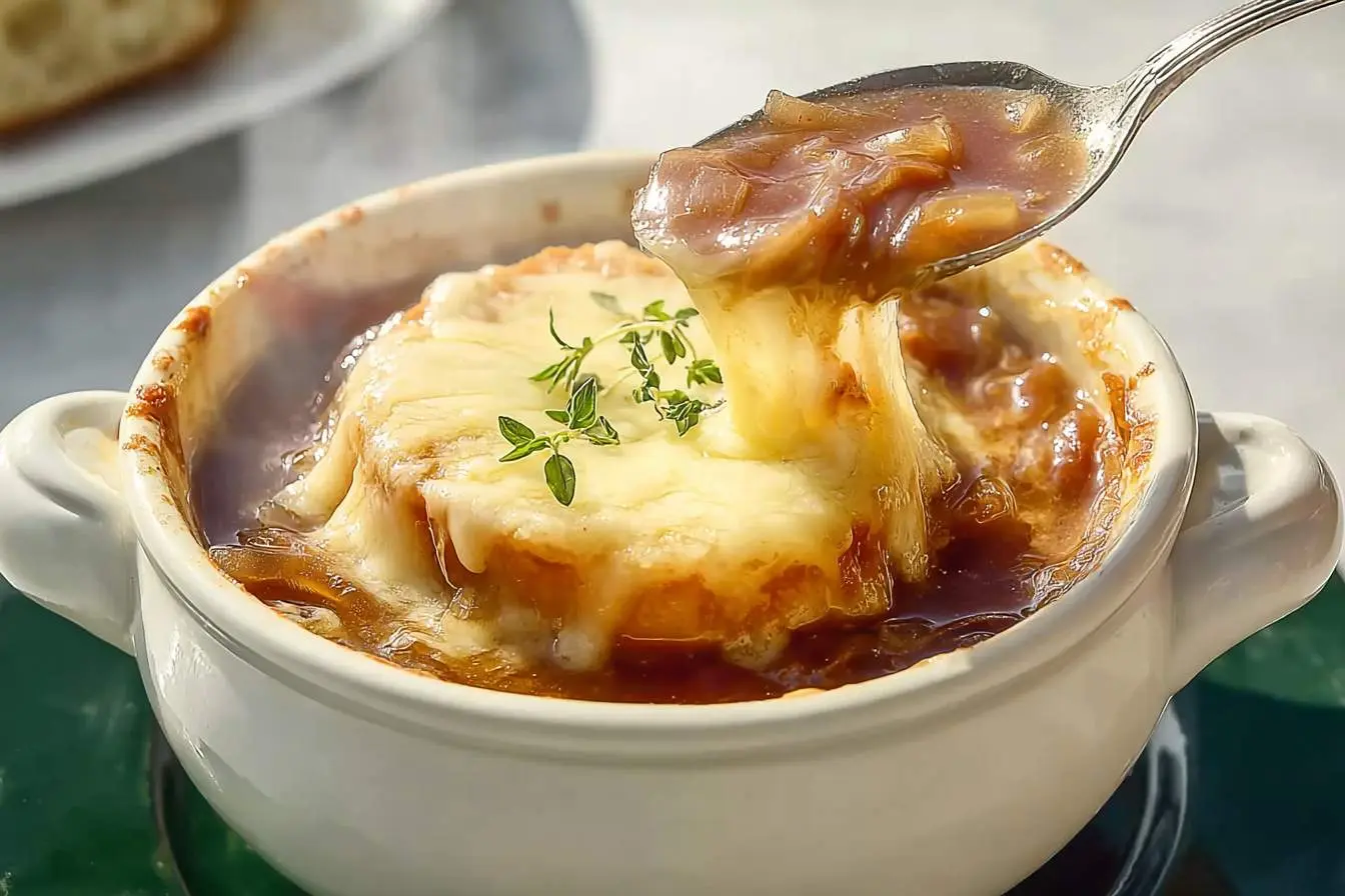 A spoon lifts a rich portion of classic french onion soup with perfectly melted, stringy Gruyère cheese over a toasted crouton and fresh thyme.