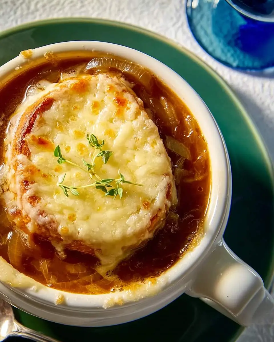 french onion soup A close-up of a steaming bowl of French onion soup with a cheesy crouton and fresh thyme on a green plate.