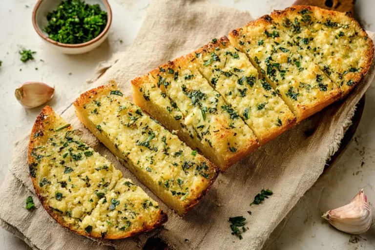 A golden-brown loaf of sliced garlic bread topped with fresh parsley, served on a rustic cloth with whole garlic cloves.