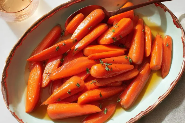 A platter of glossy, orange Glazed Carrots garnished with fresh thyme, ready to be served.