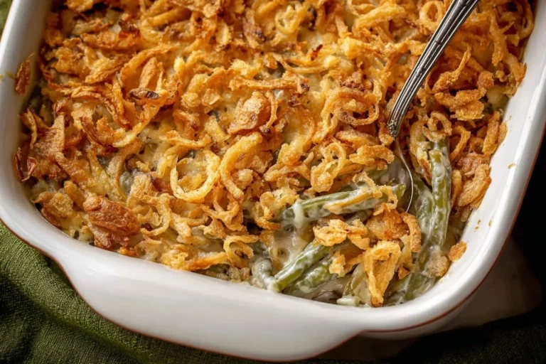 A close-up of a white baking dish filled with a creamy green bean casserole topped with golden, crispy fried onions.