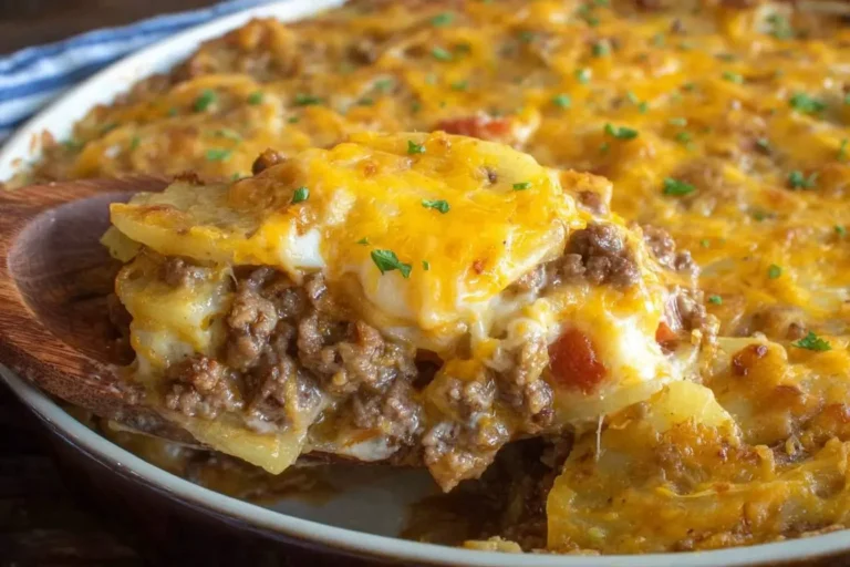 A serving of cheesy hamburger potato casserole being scooped from a baking dish, showcasing layers of ground beef, sliced potatoes, and melted cheddar.