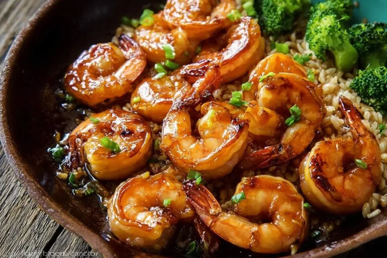 Close-up of glossy honey garlic shrimp served with brown rice and steamed broccoli in a rustic bowl.