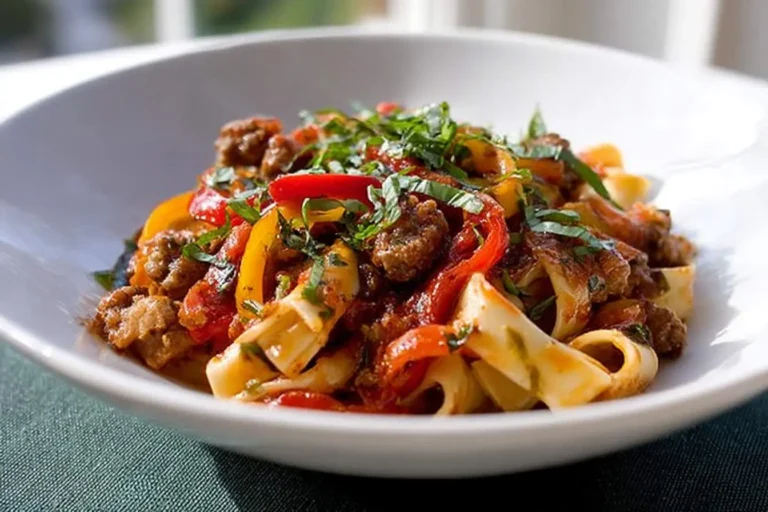 A close-up of Italian Drunken Noodles in a white bowl, featuring wide pasta, savory meat, colorful bell peppers, and fresh green herbs.