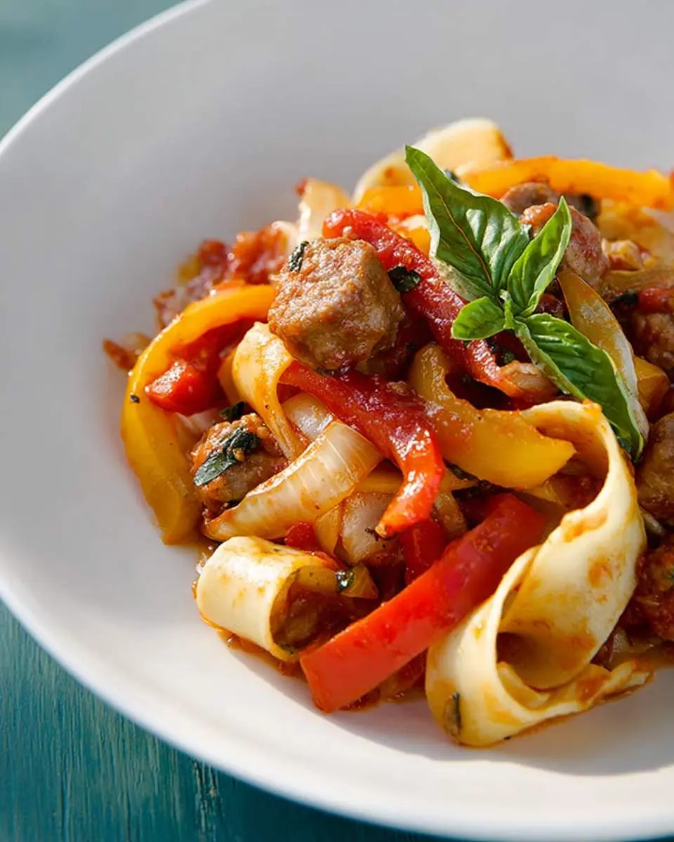 Savory Italian Drunken Noodles with wide pasta, sausage, red and yellow bell peppers, onions, and basil in a tomato sauce.